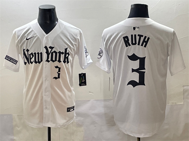 Men's New York Yankees #3 Babe Ruth White 'Gothic Legacy Edition' Vapor Premier Limited Stitched Baseball Jersey Men's New York Yankees #3 Babe Ruth White 'Gothic Legacy Edition' Vapor Premier Limited Stitched Baseball Jersey